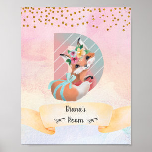 Monogram Letter D Baby Fox Girl Pink Kinderzimmer  Poster