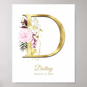 Monogram Letter D Gold Foil & Pink Floral Kinderzi Poster