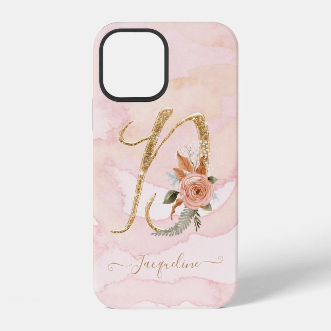 Monogram Letter D Gold Script iPhone 12 Hülle (Rückseite)