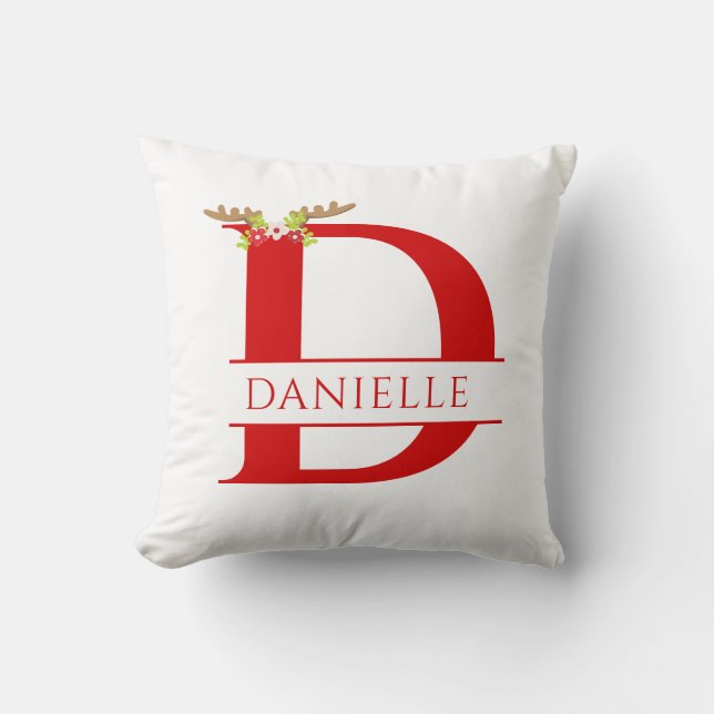 Monogram Letter D Xmas Deer Antlers teilen Kissen (Vorderseite)
