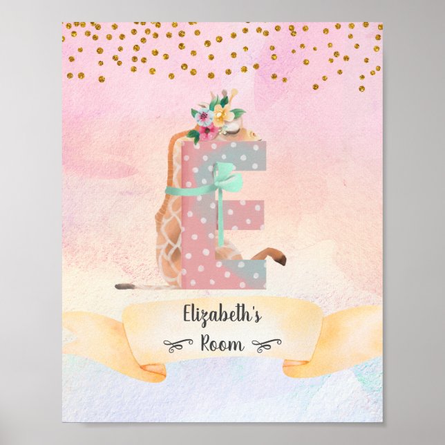 Monogram Letter E Baby Giraffe Girl Kinderzimmer P Poster (Vorne)
