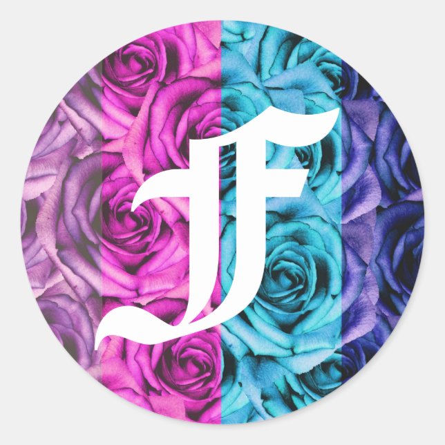 Monogram Letter F Rose Mehrfarbenaufkleber Runder Aufkleber (Vorderseite)