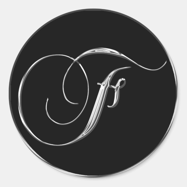 Monogram Letter F Sliver auf Black Wedding Siegel Runder Aufkleber (Vorderseite)