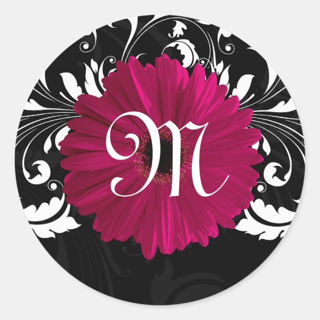 Monogram Letter Fuchsia, Black/White Gerbera Daisy Runder Aufkleber (Vorderseite)