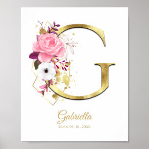 Monogram Letter G Gold Foil & Pink Floral Kinderzi Poster