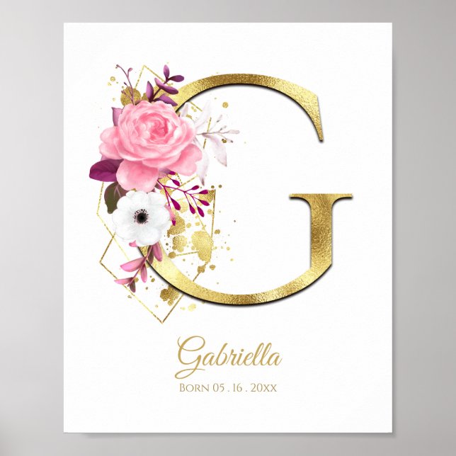 Monogram Letter G Gold Foil & Pink Floral Kinderzi Poster (Vorne)