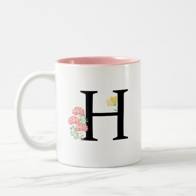 Monogram Letter H Aquarell Pink Blume Chic Zweifarbige Tasse (Links)