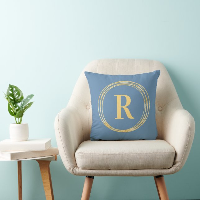 Monogram Letter Initial Dusty Blue Gold Circles Kissen (Stuhl )