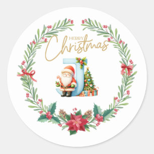 Monogram Letter J, Christmas Wreath w/Santa Claus Runder Aufkleber