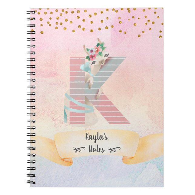 Monogram Letter K Baby Llama Girl Daily Diary Notizblock (Vorderseite)