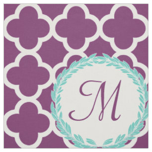Monogram Letter Lila Aquamarin Laurel Quatrefoil Stoff