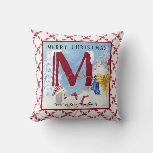 Monogram Letter M Angel Snowman Weihnachten Kissen (Vorderseite)