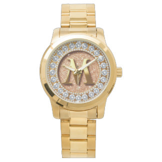 Monogram Letter M on Rose Gold Glitter Background Armbanduhr
