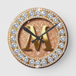Monogram Letter M on Rose Gold Glitter Background Runde Wanduhr