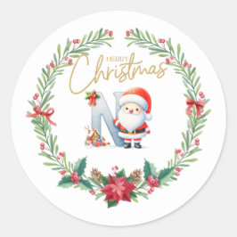 Monogram Letter N, Christmas Wreath w/Santa Claus Runder Aufkleber