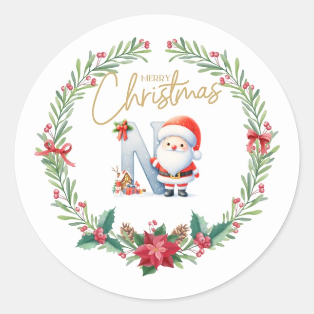 Monogram Letter N, Christmas Wreath w/Santa Claus Runder Aufkleber (Vorderseite)