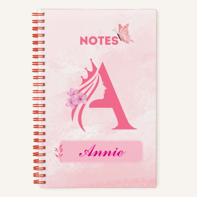 Monogram Letter Notebook - rosa Princess Design Notizbuch (Vorderseite)