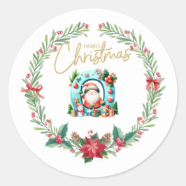 Monogram Letter O, Christmas Wreath w/Santa Claus Runder Aufkleber