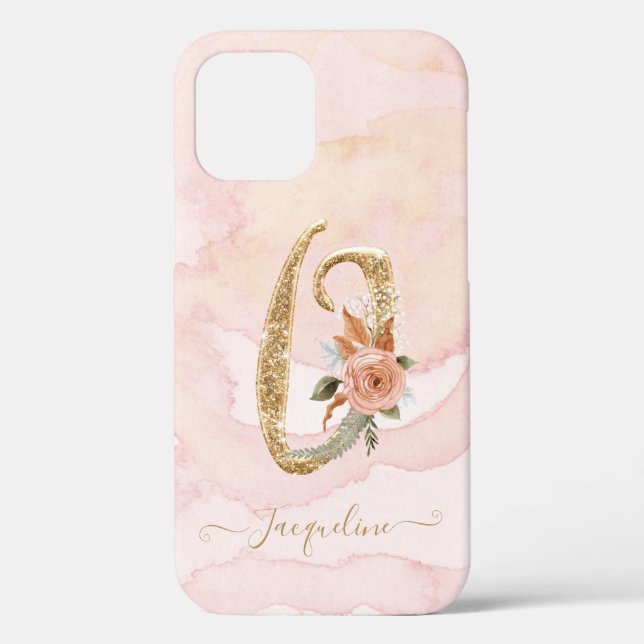 Monogram Letter O Floral Script Gold Aquarell Case-Mate iPhone Hülle (Rückseite)