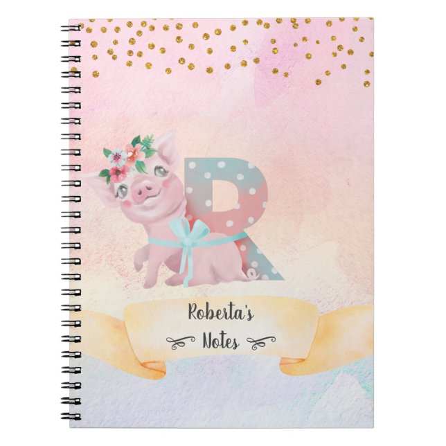 Monogram Letter R Niedlich Pig Girl Daily Study Notizblock (Vorderseite)