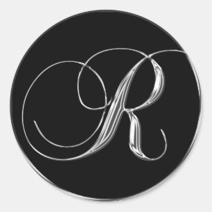 Monogram Letter R Sliver auf Black Wedding Siegel Runder Aufkleber