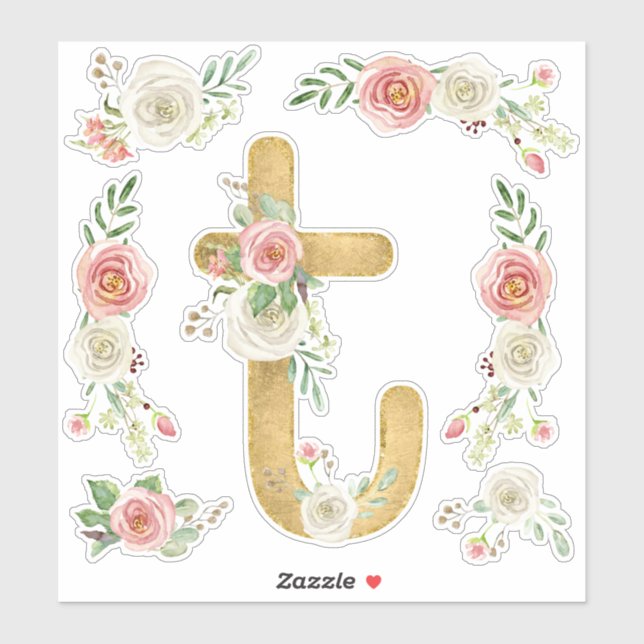 Monogram Letter T Pink Rose Floral Leaf Aquarell Aufkleber (Blatt)
