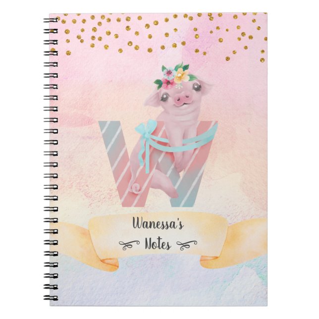 Monogram Letter W Baby Pig Homeschool Girl Notizblock (Vorderseite)