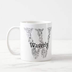 Monogram Letter W Schwarz-weiß Botanischer Floral Kaffeetasse