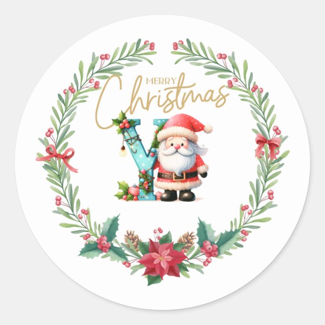 Monogram Letter Y, Christmas Wreath w/Santa Claus Runder Aufkleber (Vorderseite)