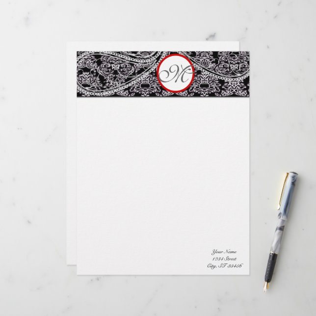 Monogram Letterhead Black und Gray Paisley Briefkopf (Vorderseite/Rückseite Beispiel)