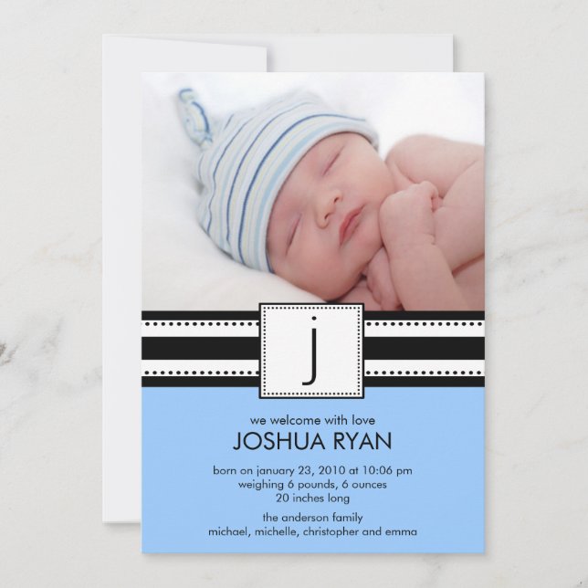 Monogram LetterJ Baby FOTO Geburtsankündigung Ankündigung (Vorderseite)