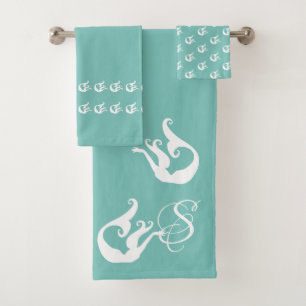 Monogram Light Aquamarin White Chic Beach House Me Badhandtuch Set