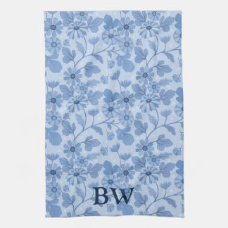 Monogram Light Blue und Navy Floral Pattern Geschirrtuch