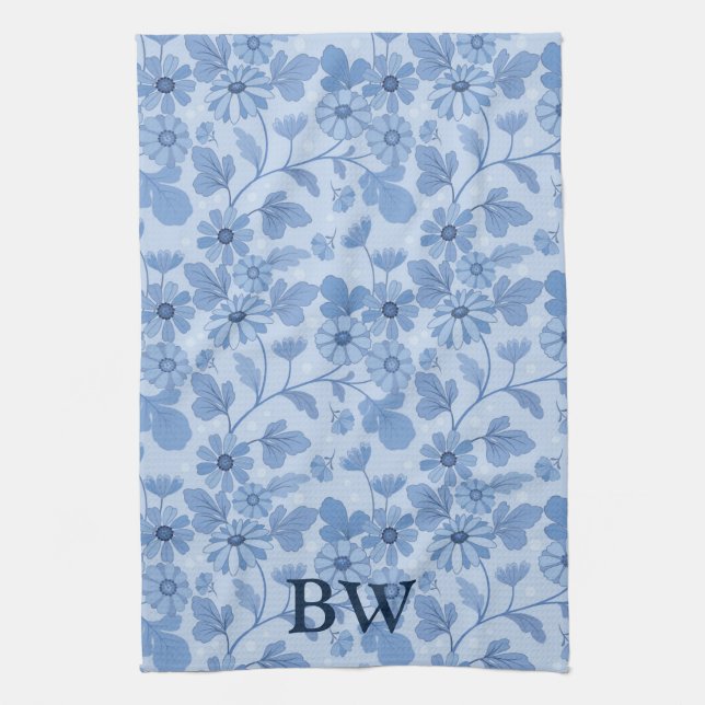 Monogram Light Blue und Navy Floral Pattern Geschirrtuch (Vertikal)