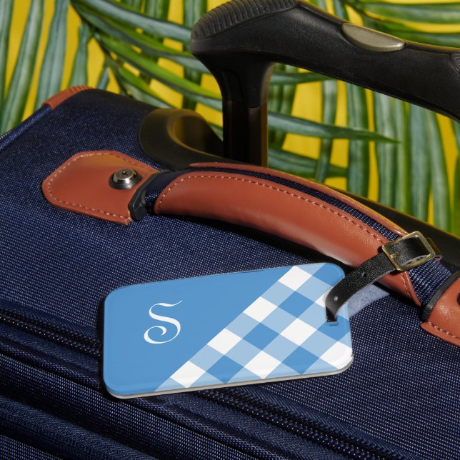 Monogram Light Blue White Buffalo Karo Geometric Gepäckanhänger (Vorderseite Insitu 3)