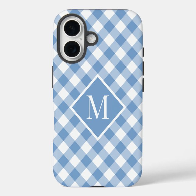 Monogram Light Blue White Gingham Karo iPhone 16 Hülle (Rückseite)