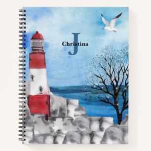Monogram Lighthouse Watercolor Scene Notizbuch
