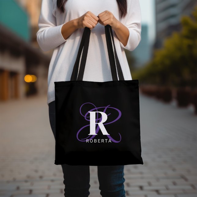 Monogram Lila Black Script Name Stilvoll Tasche (Von Creator hochgeladen)