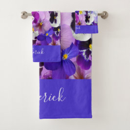 Monogram Lila Blue White Floral Pansa Blume Badhandtuch Set