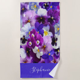 Monogram Lila Blue White Floral Pansa Blume Strandtuch