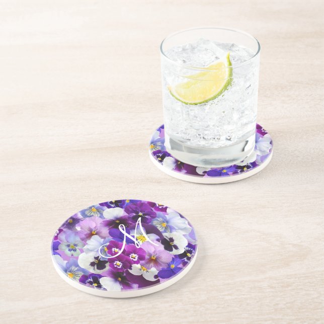 Monogram Lila Blue White Pansy Floral Blume Getränkeuntersetzer (Seite)