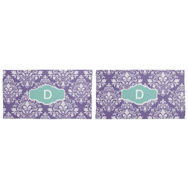 Monogram Lila Damask Kissen Hüllen Kissenbezug (Vorderseite-Set)