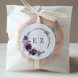 Monogram Lila Floral Boho Gold Frame Wedding Runder Aufkleber