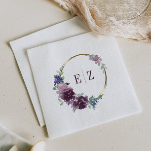 Monogram Lila Floral Boho Gold Frame Wedding Serviette