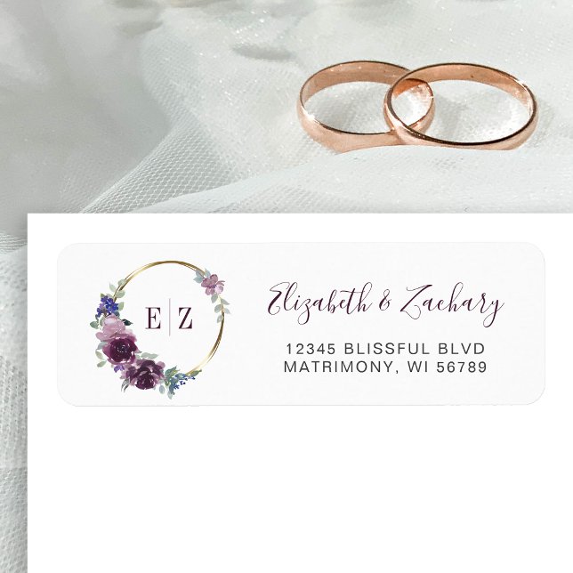 Monogram Lila Floral Gold Hoop Rücksendeadresse (Von Creator hochgeladen)