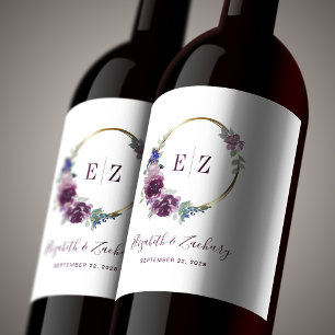 Monogram Lila Floral Wreath Boho Weinetikett