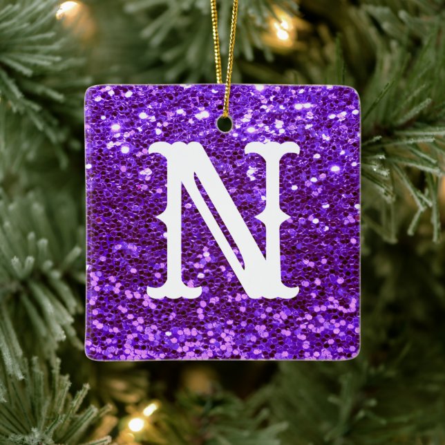 Monogram Lila Glitzer Metallic Weihnachten Keramikornament (Baum)