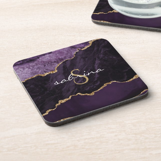 Monogram Lila Gold Agate Geode Getränkeuntersetzer (Linke Seite)