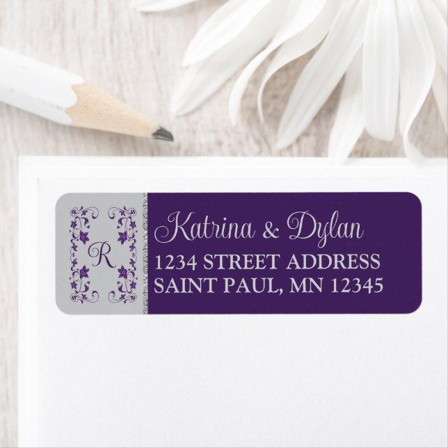 Monogram Lila, Gray Floral Wedding Address Label (Insitu)