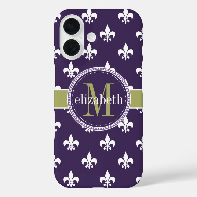 Monogram lila Olive Green White Lilie iPhone 16 Hülle (Rückseite)